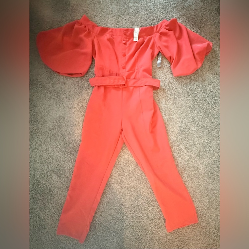 New York & Company Coral Off-Shoulder Jumpsuit